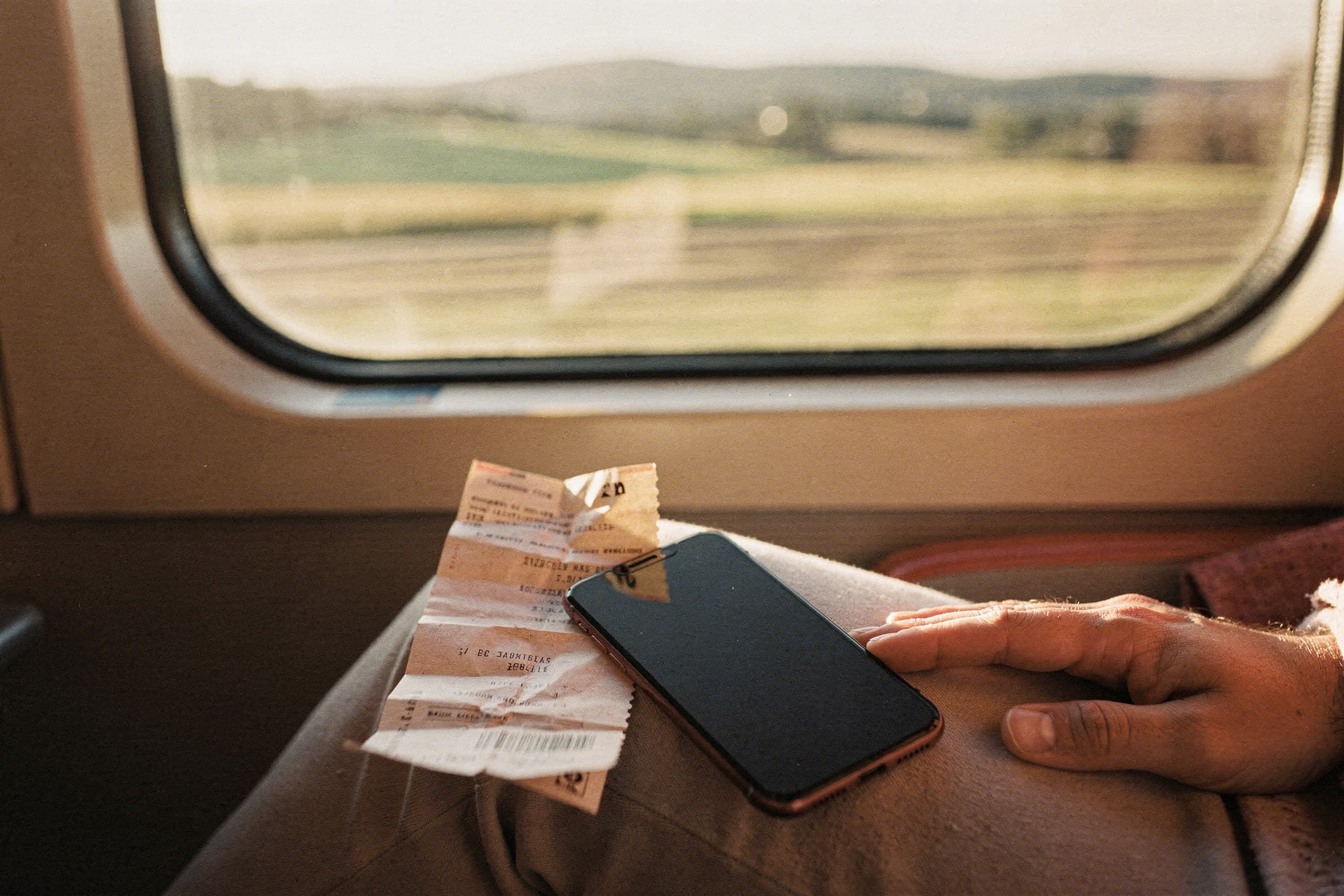Un billet de train et un téléphone posés près de la fenêtre d'un train en mouvement